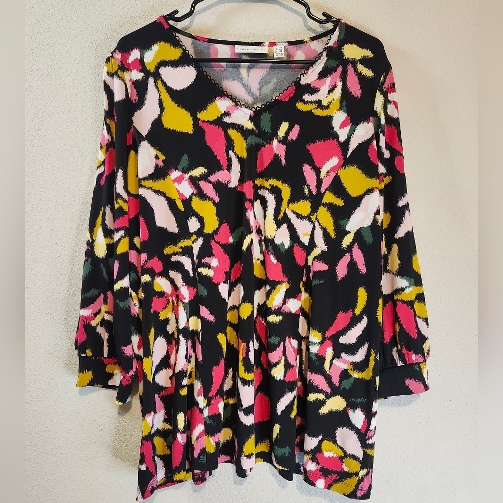 Susan Graver Liquid Knit Fit N‎ Flare Abstract Print Top In 1X Brand New